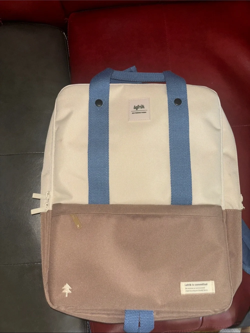 Two-Tone Canvas Backpack in Cream, Brown & Blue